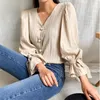 Casual Cintura Alta Pérolas Plissadas Doce Sólido V-Neck Slow Sleeves Tops Brief Camisas Mulheres Moda Todos os Correspondência Blusas 210421