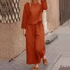 秋のオフィスレディのエレガントな長袖の衣装女性ソリッドコットンリネン2個セットカジュアルOネックトップス+ワイドレッグパンツスーツ211105