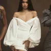 Ladies Sexy Fashion Lantern Sleeve Off Shoulder Party Dress Elegant Celebrity Satin White Prom Cocktail Tight 210525