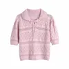Sweet Women Lapel Bow Blouse Spring-autumn Fashion Ladies Casual Cute Female Jacquard Mesh Knitted Shirt Top 210515