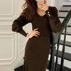 Offcie Ladies Vestidos Elegant Solid Knitted V Neck Chains Spring Autumn Korean Woman Dresses Femme Robes 19618 210415