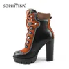 Sophitina водонепроницаемая платформа Boots Boots мода смешанные цвета на шнуровке квадратный каблук обувь женщин леди работник черные коричневые ботинки H3 210513