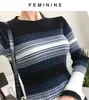 秋の女性ニットドレスロングフレアスリーブストライプセータードレス冬の編み物ボディコンエレガントな鉛筆vestidos 210514