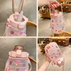 Cute Girls Water Bottle with Stickers Straw Big Belly Cup 1500ml Sports for Jug Children Female Kettle Strap 220217