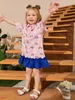 Toddler Girls Half Button Colorblock Rainbow Print Ruffle Hem Dress SHE