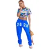 2828 Number Printed Casual Cargo Trouser Women High Waist Pants Drawstring Baggy Sweatpant Workout Joggers Leggings Streetwear 210525