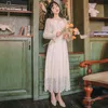 YOSIMI Lace Dress for Women Spring Summer Beige V-neck A-Line Mid-calf Fit and Flare Empire Long Sleeve Party Ladies 210604