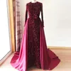 And Elegant Sequined Satin Dresses Evening Wear Jewel Neck Long Sleeves Prom Gowns Sweep Train Mermaid Overskirt Formal Dress 0420