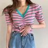 Kadın T-shirt Kore Chic Yaz V Yaka Kontrast Şerit İpli Gevşek Yabani Kısa Kabarcık Kol Kazak Tee Top 210514
