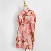 Vintage Print Dress For Women Lapel Three Quarter Sleeve High Waist Lace Up Bowknot Mini Dresses Female Summer 210520