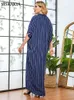 Maxi Dresses for women Summer Loose Plus Size Batwing Sleeve Striped Long Dress Navy Blue Casual Arabic Clothes 210517
