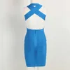 Summer Sky Blue V-Neck Bandage Dress Creux Dos Nu Style Cross Back Celeb Sexy Celebrity Party Mini 210527