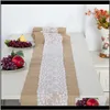 Cloths Textiles Home & Garden Drop Delivery 2021 Vintage Table Runner Natural Hessian Burlap With White Lace For Rustic Festival Wedding Part