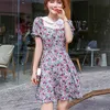 Korean Sweet Peter Pant Collar Summer Dress Women Puff Sleeve Vintage Floral Print Boho Holiday Robe Elegant Chiffon Mini 210514