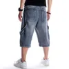 Mens plus storlek lös baggy denim korta män jeans mode streetwear hip hop lång 3/4 last shorts pocket bermuda man blå 210518