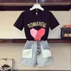 Summer 2 Piece Set Women 3D Love Letters Printing T-shirts + Fake Pocket Short Jeans 2pcs Clothes Sets Casual Suits Outfits 210506