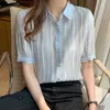 Summer Korean Moda Szyfonowe Kobiety Bluzki Mesh Office Lady Koszula I Bluzka Solidna Koronkowa Kobieta Blusas Plus Rozmiar XXL TOPS 210531
