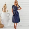 Bow Tie Casual A-Line Klänning Sommar Sexig Kortärmad Solid Färgknapp Strem V-Neck Vest Dress Plus Size Damkläder 210514