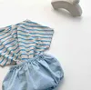 Estilo coreano meninas meninas soltas conjuntos de manga curta listrada grandes camiseta com shorts bonitos de denim 0-2Y 210508