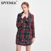 KPYTOMOA Women Fashion Double Breasted Frayed Check Tweed Blazers Coat Vintage Long Sleeve Female Outerwear Chic Tops 211122