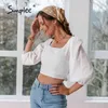 Sexy white lace-up cotton women blouse Spring square collar short crop tops Casual retro puff sleeve backless shirts 210414