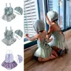 2021 Ins nouveau style coréen mignon volants maillot de bain avec casquette enfants enfants fleurs dessin animé sangle maillots de bain bain porter ballerine ballet