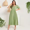 Casual jurken zomer midi jurk dames 2022 groen vintage Franse palazoo -stijl vierkante nek gezwollen korte mouw bottons slank zoete long