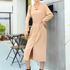 Fashion Casual Lapel Knitted Dress lady Korean Straight Slim Solid Color Long Sweater women Lace-up Women 210420