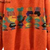 Neploeミッドリングセーター女性冬服ニットプルオーバーシックプリント韓国ルースジャンパーOネック長袖スイート・マヒャー210422
