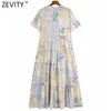 Zevity Women Vintage Puff Sleeve Press Plisserad Bröst Casual Midi Klänning Kvinnlig tyg Patchwork Tryck Vestido Dresses DS8217 210603