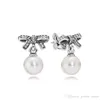 Klassisk stil 925 Sterling Silver Bowknot Natural Pearls Pendant Earring Originalbox för Pandora Dangle Örhängen för kvinnor