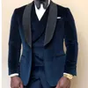 Navy Blue Velvet Casual Men Suits for Prom 3 piece Wedding Groom Tuxedo African Man Fashion Clothes Set Jacket Vest with Pants X0909