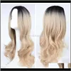 Productszf Long Wavy Synthetic Fashion Hair Charming Curly Ombre Black to Blonde Color Wigs for Women Drop Delivery 2021 ODKQW6676422
