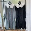 Neploe Koreanische Chic Maxi Kleider Frauen Temperament Peter Pan Kragen Rüschen Vestidos Einreiher Lose Spitze Up Elegantes Kleid 210422