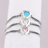 Ringos de cluster 100% 925 Sterling Silver Pink Blue Sirtted Heart Ring For Women Wedding Wedding Birthday Party Gift Fine Europe Jewelry Ed