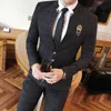 (Jackbyxor) High-end Brand Casual Business Mens Slim Suit Plaid Groom Wedding Dress Male Formal Stand Collar Passar 2st Set X0909