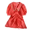 Elegant vintage beaded lapel puff sleeve dress for womens summer Korean drawstring lace-up hip party mini vestidos 210420