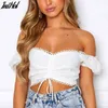 Off Shoulder Fashion Lace Up Shirts Bandage Blouse Women White Crop Tops Blouses Clothes Vintage Tie Front Tops 210514