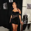 Mujeres Sexy Slash Neck Hollow Out Mesh Corset Crop Top + Vendaje fruncido Mini Faldas Trajes Party Club Prom Night Goth Ropa 210517