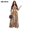 CM.YAYA Autumn Women Set Full Sleeve V-neck Crop Tops Wide Leg Pants Two 2 Piece Sets Street Tracksuit Chiffon Beach Outfits 211105