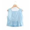 Blue Poplin Crop Top Women Summer Fashion Square Collar Wide Straps Sleeveless Blouse Female Chic Ruffle 210519