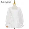 Temperamento Minimalista Abito bianco per donna Colletto quadrato Manica lunga Vita alta Mini abiti Moda femminile 210520