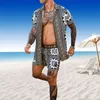 Men Hawaiian Vacation Printed Sets Summer Lapel Short Sleeve Button Shirt Beach Shorts Streetwear Casual Mens Suit 2 Pieces