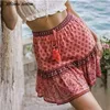 Bohemian Kiraz Baskılı A-Line Mini Etekler Rayon Ruffles Pileli Kızlar Plaj Tatil Boho 210429