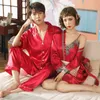Women's Sleepwear Sexy Lace Trim Women Robe Sets Men Satin Short Sleeve Pants Couples Pajamas Pyjamas Suit Home Clothing Sleep