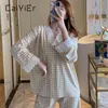 CAIYIER femmes grille pyjamas ensemble princesse douce mode mignon vêtements de nuit Sexy dentelle à manches longues pantalon col en v lâche Homewear 2 pièces/ensemble 210809