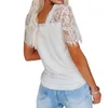 Sexy Women Summer Solid Color T-Shirts Lace Decor See Through V Neck Short Sleeve Casual Loose Pullovers Top for Streetwear