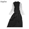 NeploeパネルパッチワークOネックプルオーバーニットドレス秋韓国のファッションパフスリーブドレス巾着スリムウエストVestidos 210423