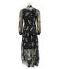 Floral Print Zwart Shirt Lange Jurk Herfst Winter Tule Transparante Jurk Elegante Kantoor Dames Maxi Jurk Lange Mouw 210415