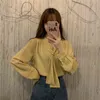 Automne coréen Blouse lâche polyvalent empilé couleur unie arc col en V chemise à manches longues doux chic haut femme GX1498 210507